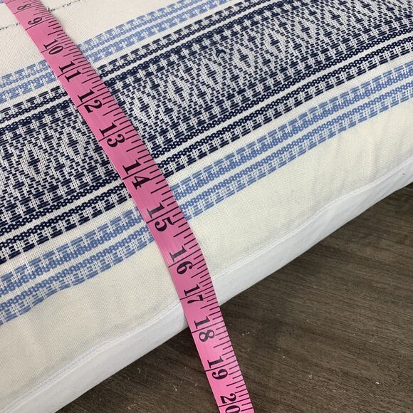 Lumbar Throw Pillow White Blue Boho Waterfowl Feather Striped Tasseled 16" x 24" - Picture 10 of 12